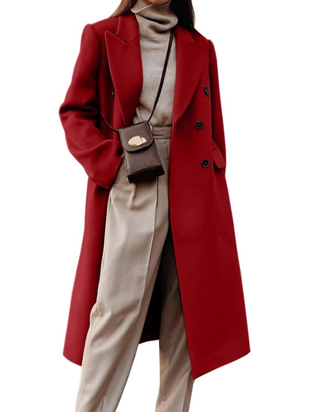Chic Women's Long Wool Trench Coat - Double Breasted Peacoat for Fall & Winter